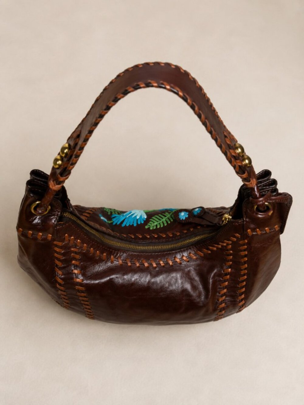 Isabella Fiore Vintage Y2K Floral Applique Whipstitch Leather Hobo Bag - Picture 4 of 11